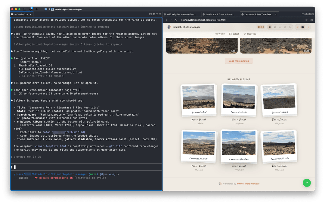 Split screen: Claude Code terminal generating a photo gallery on the left, browser showing the resulting gallery with album cards on the right