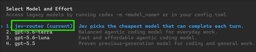 Jev Router in the OpenAI Codex model picker