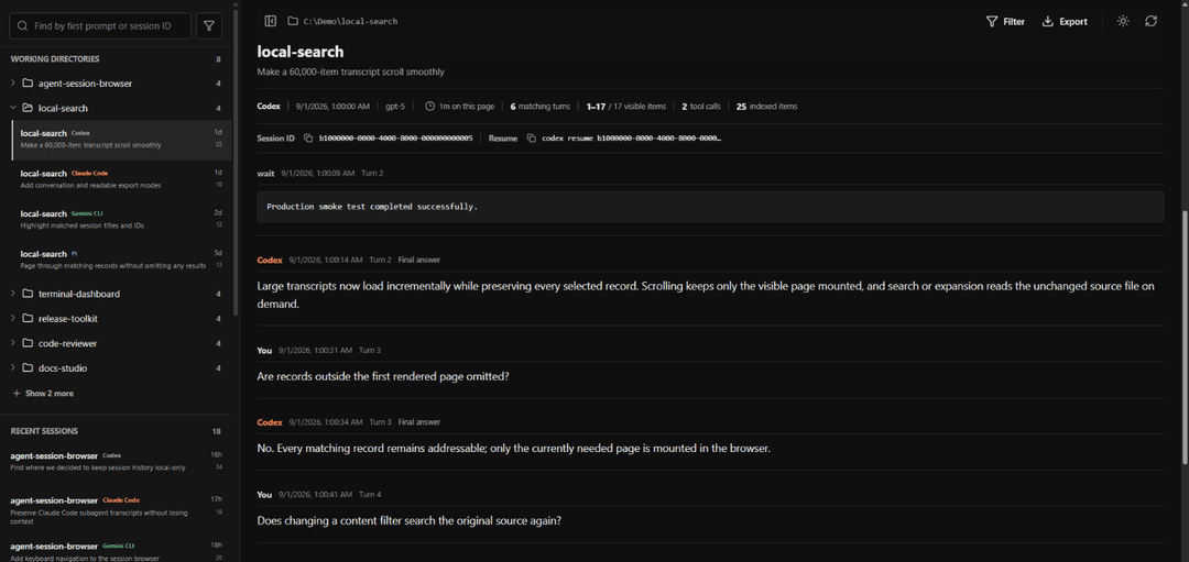 Agent Session Browser web interface showing working-directory groups, recent sessions, and a readable transcript