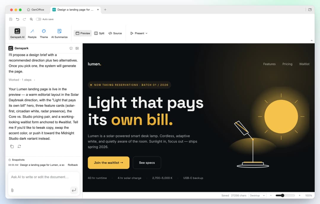 GenOffice HTML: a generated landing page for a solar desk lamp in the dark Midnight Studio direction, shown in the live preview with the AI panel summarizing the page it just built