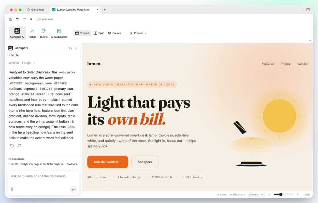 The same Lumen landing page restyled by the AI into the warm Solar Daybreak direction: paper background, serif headlines and an orange accent, with every section and all copy kept