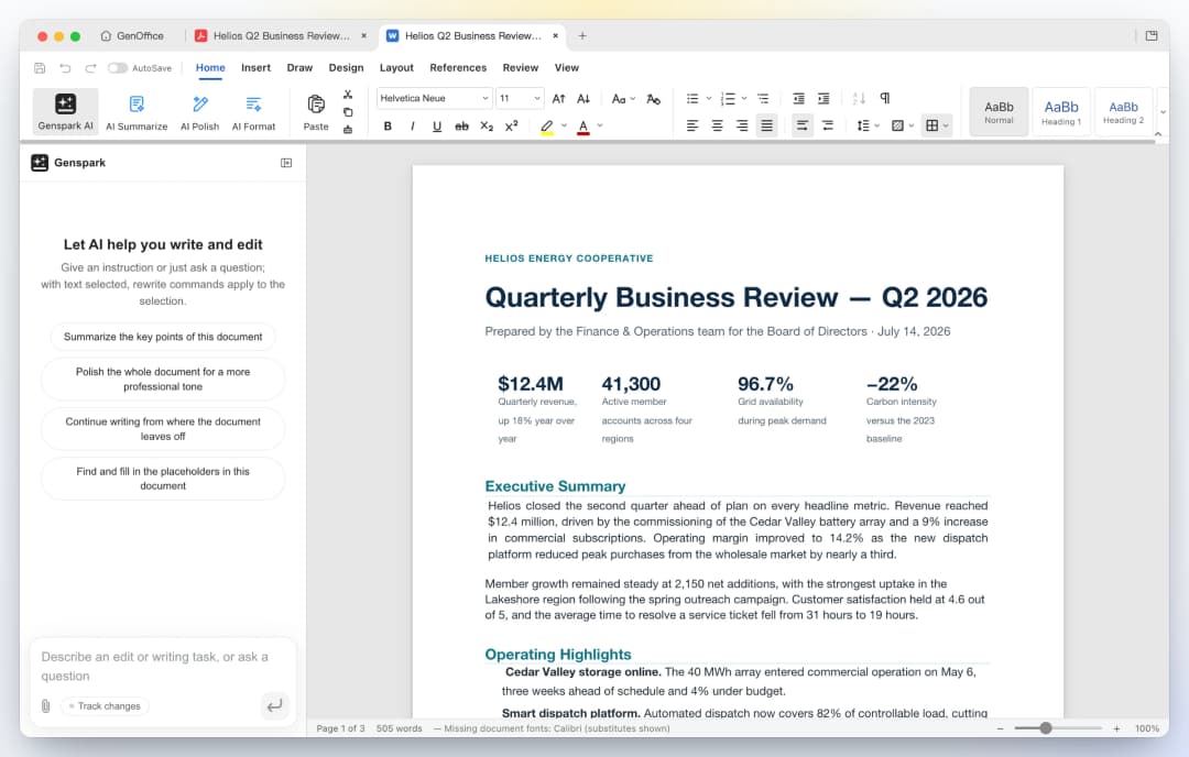 GenOffice Docs showing a Word document converted locally from the Helios quarterly review PDF, opened in a second tab beside the original PDF