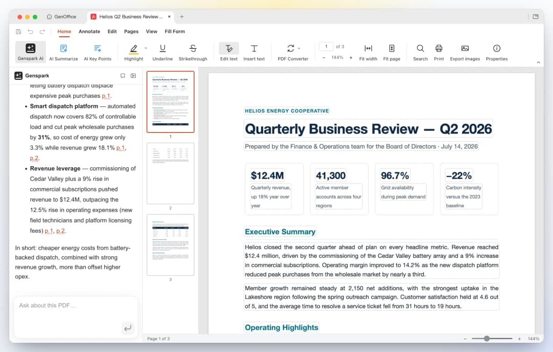 GenOffice PDF: Edit text mode outlines every text block on the page for in-place editing while the AI panel answers a question about the report with page citations