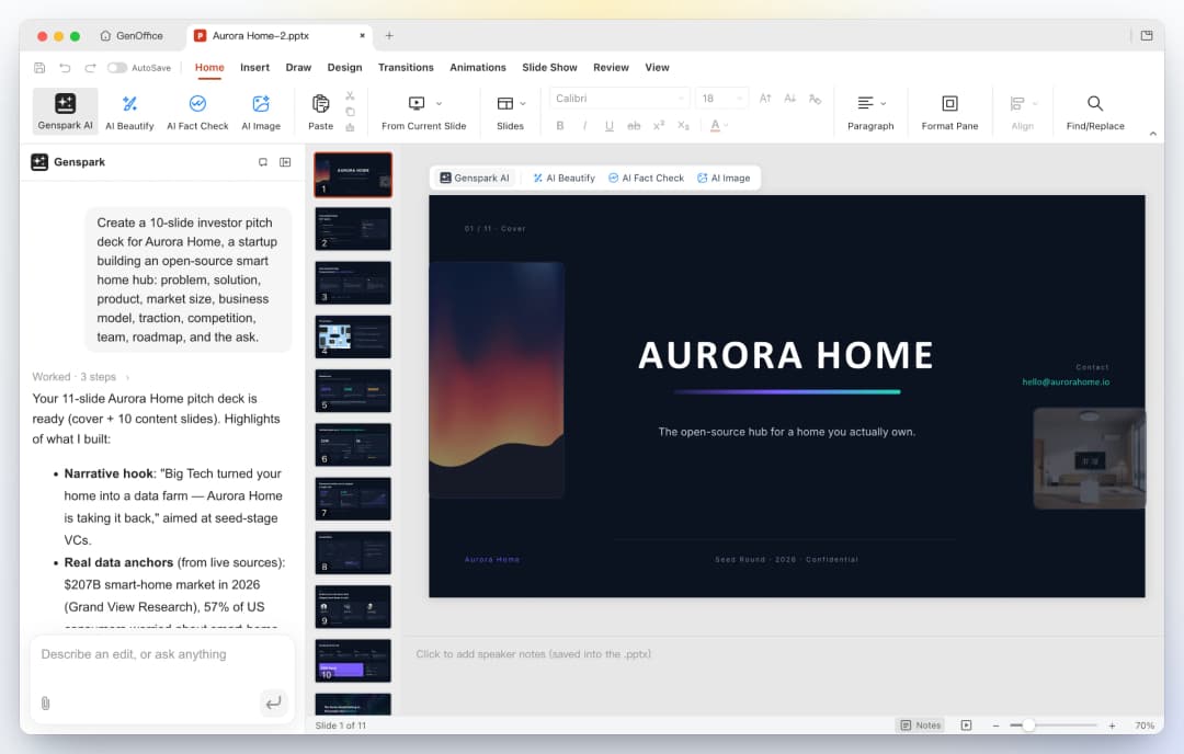 GenOffice Slides: the cover slide of an AI-generated Aurora Home investor deck on the canvas, with the original one-line prompt and the AI's summary of what it built in the panel