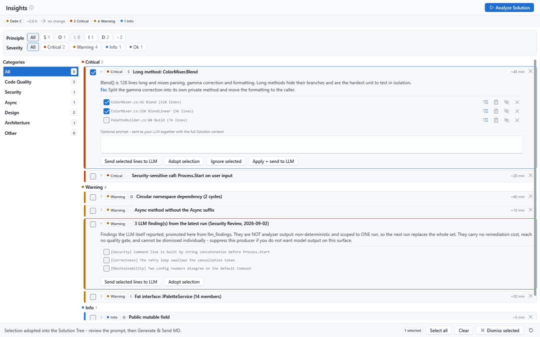 AICB Insights page with prioritized code-quality, security, design and architecture findings