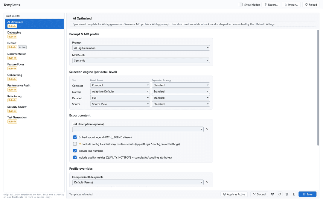 AICB Context Templates editor with prompt, detail-level and export configuration