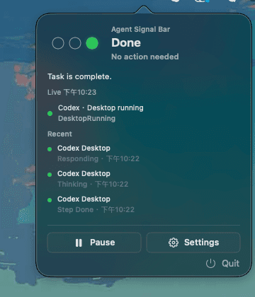 Agent Signal Bar detailed menu bar panel