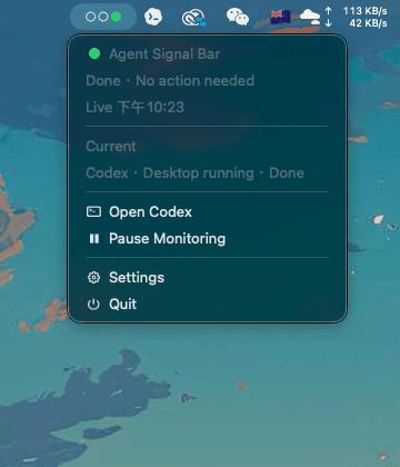 Agent Signal Bar simple native menu bar panel