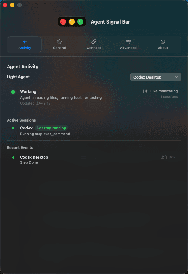 Agent Signal Bar settings window Activity page with the default standard Liquid Glass effect