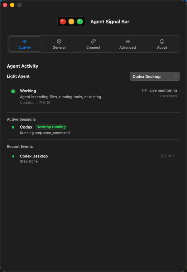 Agent Signal Bar settings window Activity page without Liquid Glass
