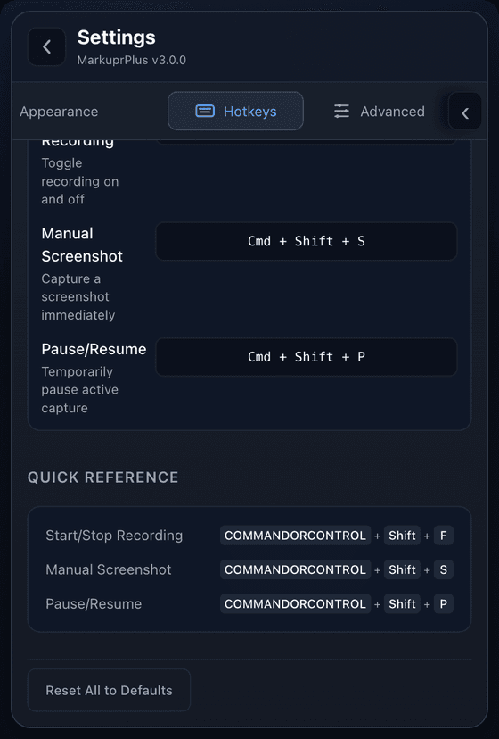 Hotkey settings and quick reference