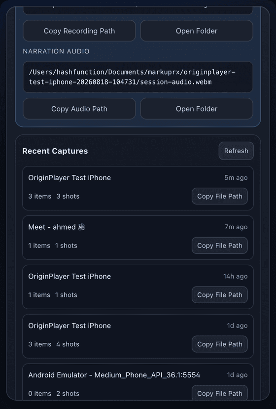 Recent captures list with item and shot counts
