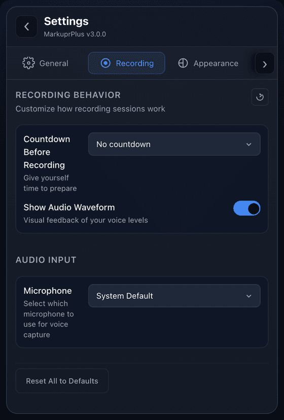Recording behaviour and audio input settings