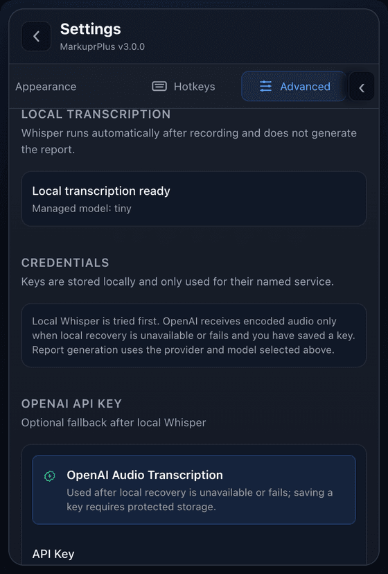 Local transcription and credential settings