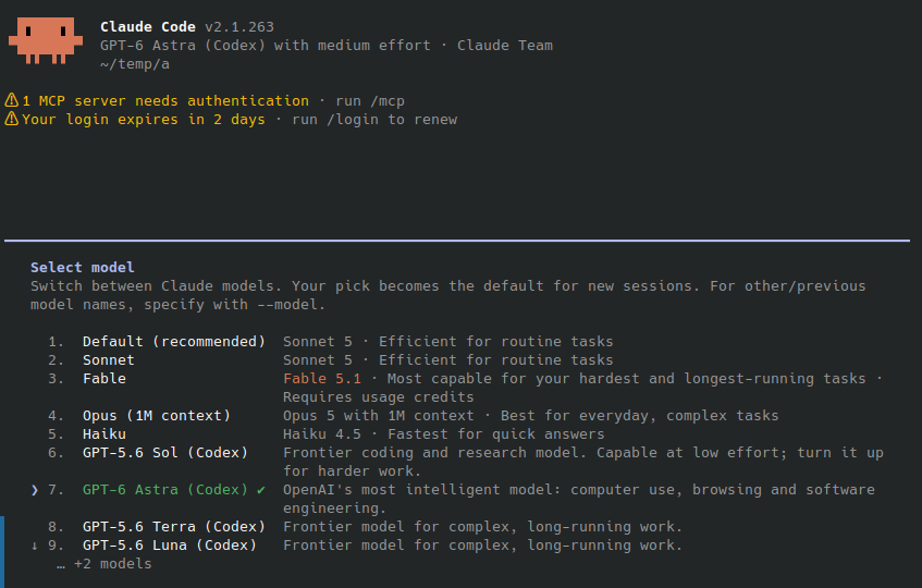Claude Code's /model picker listing the Codex models alongside the Claude ones
