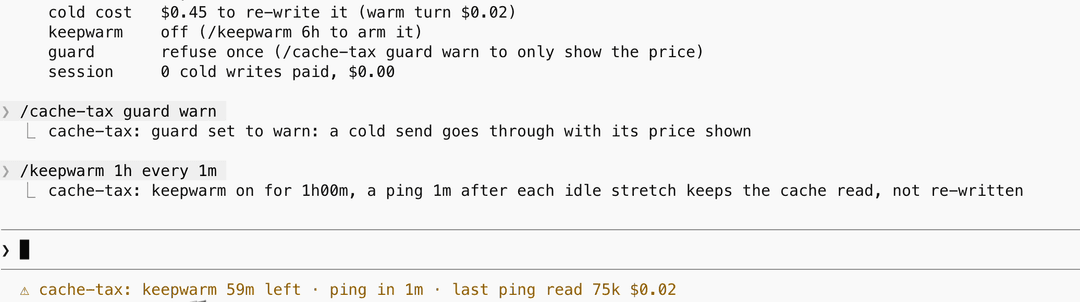 Real keepwarm status showing a 75k-token cache read at $0.02
