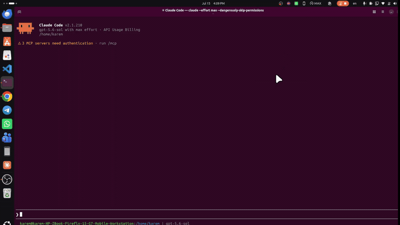 claudecodex demo — Claude Code running GPT-5.6 Sol via a ChatGPT subscription