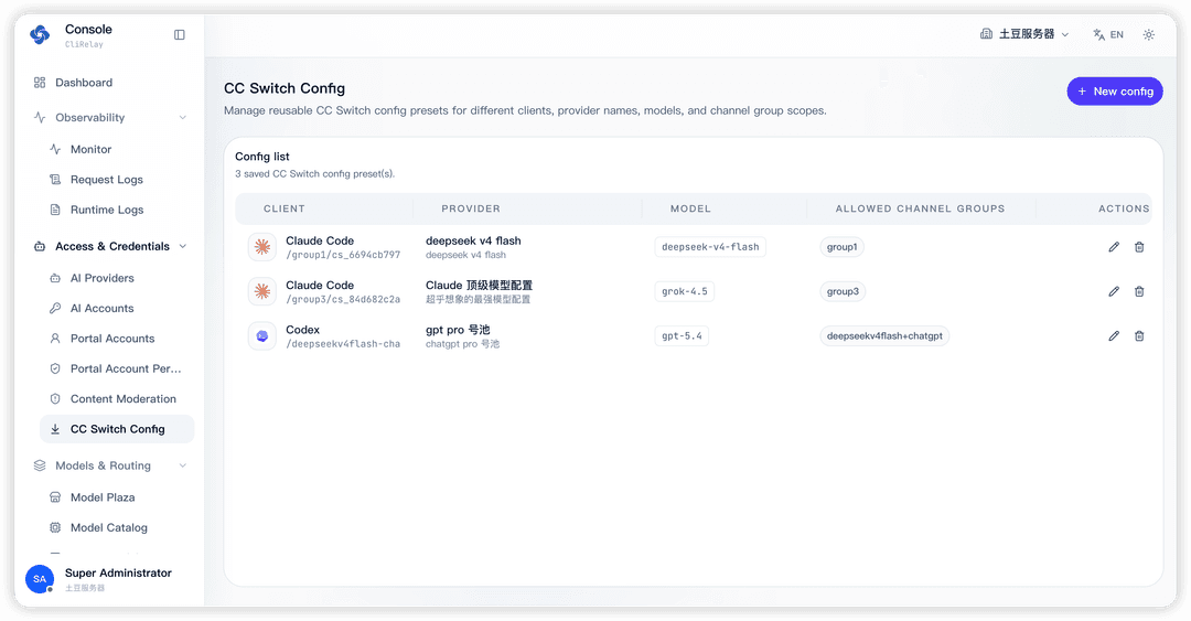 Reusable CC Switch config presets per client