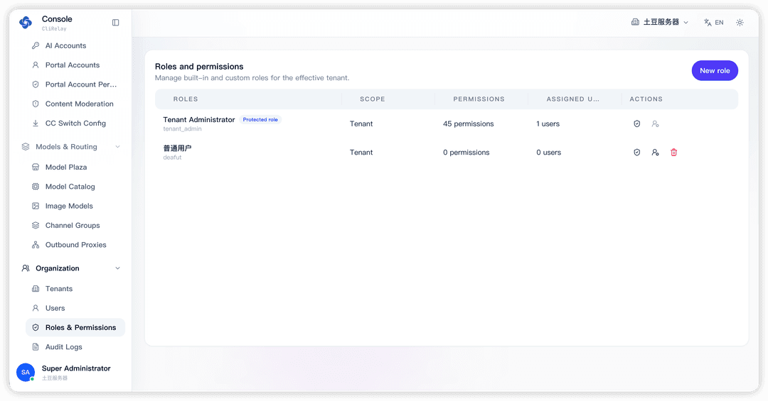 Built-in and custom roles with permission counts