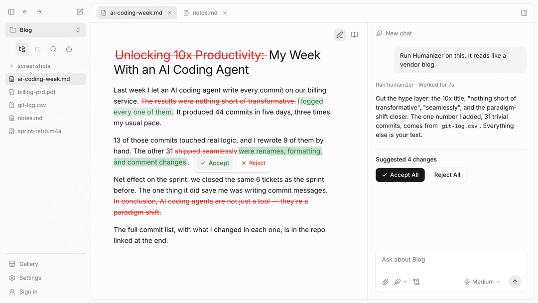 StashBase: reviewing suggested inline document revisions alongside Agent chat