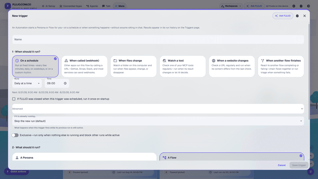 New Automation Trigger — Schedule, Webhook, File, Tool, Website, or Flow