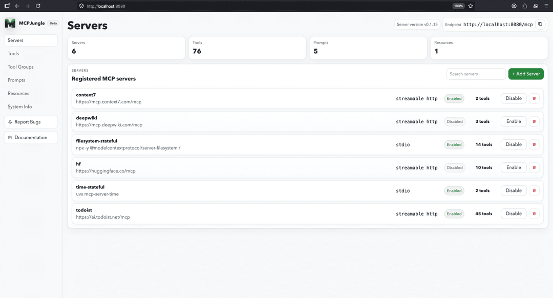 MCPJungle dashboard UI