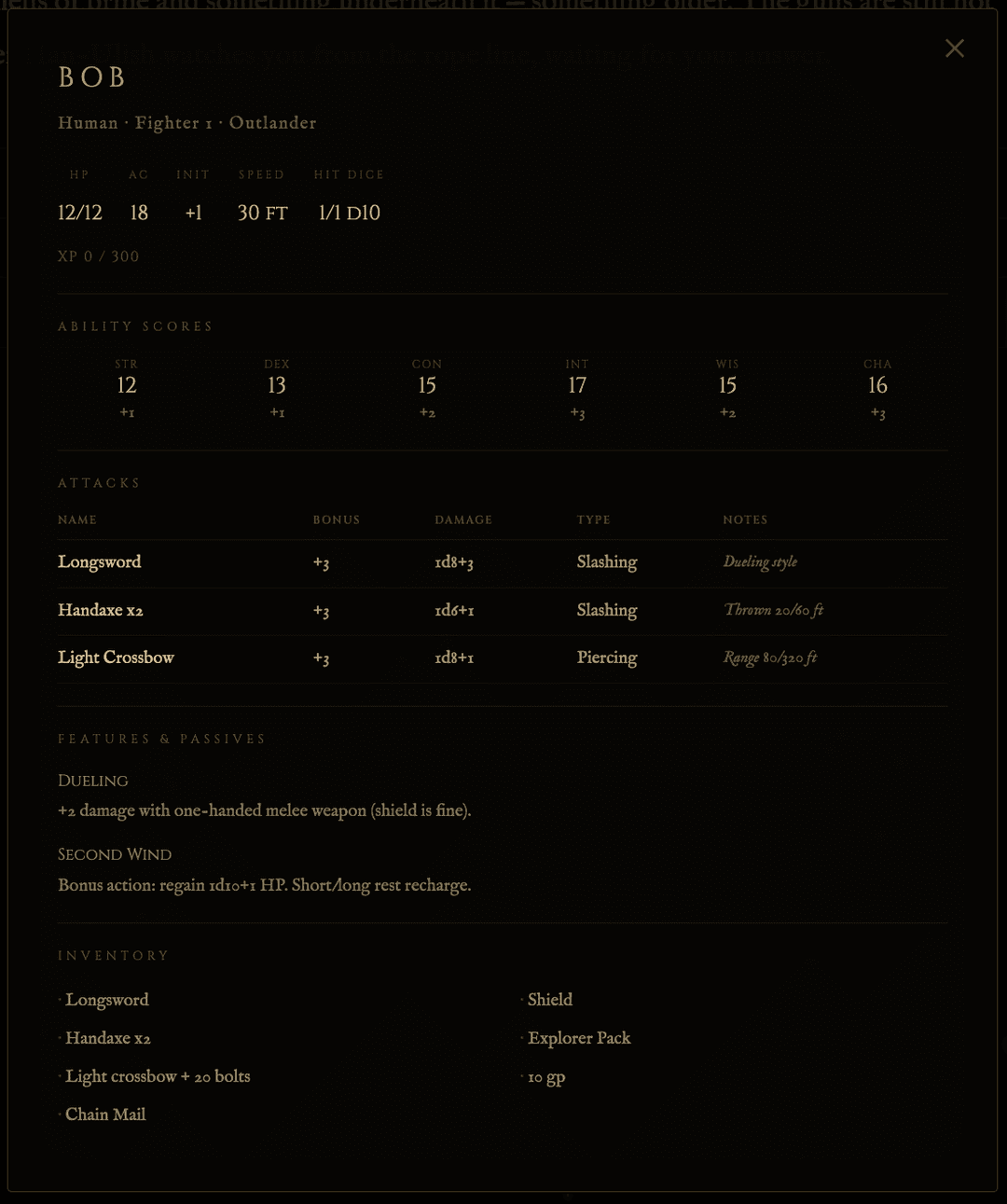 Character sheet modal