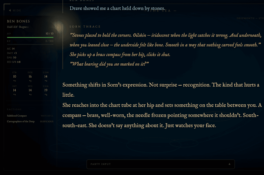 NPC dialogue block and character sidebar with faction panel