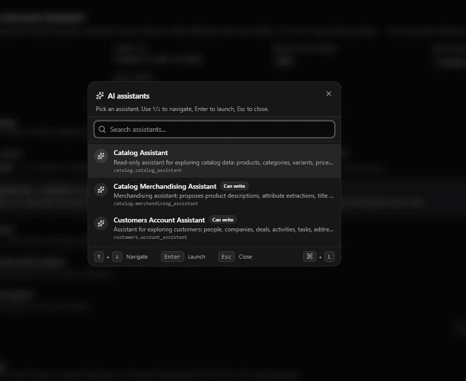 AI Assistant global launcher listing available assistants
