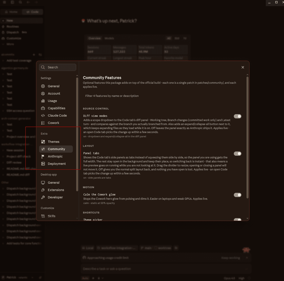 The Extra section in Claude's Settings: Themes with the Gaming palettes, next to Features
