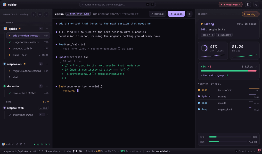 Episko — many parallel Claude Code sessions, each in its own terminal, with live telemetry