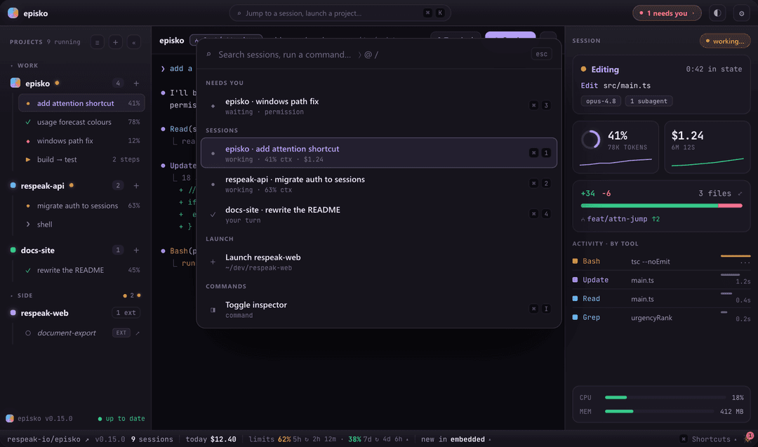Command palette listing sessions grouped by needs-you, sessions and launch actions