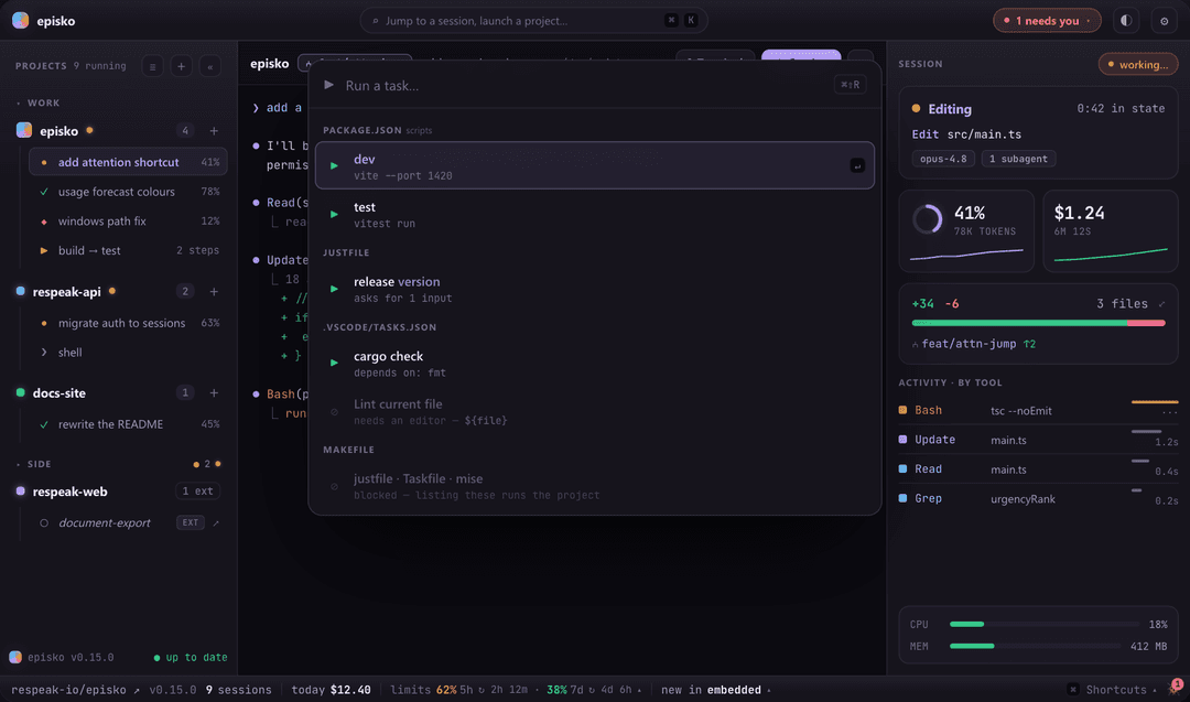 Run picker grouped by package.json scripts, justfile, VS Code tasks and Makefile, with blocked entries explained