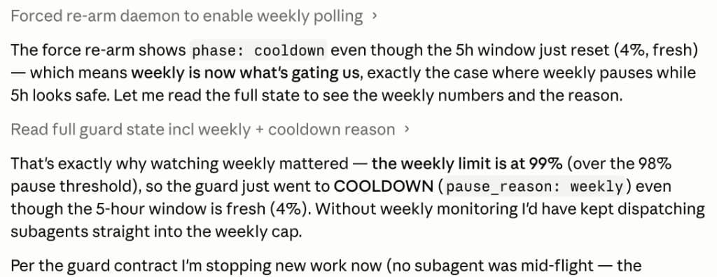 Claude Code session: weekly COOLDOWN at 99% while the 5-hour window is at 4%