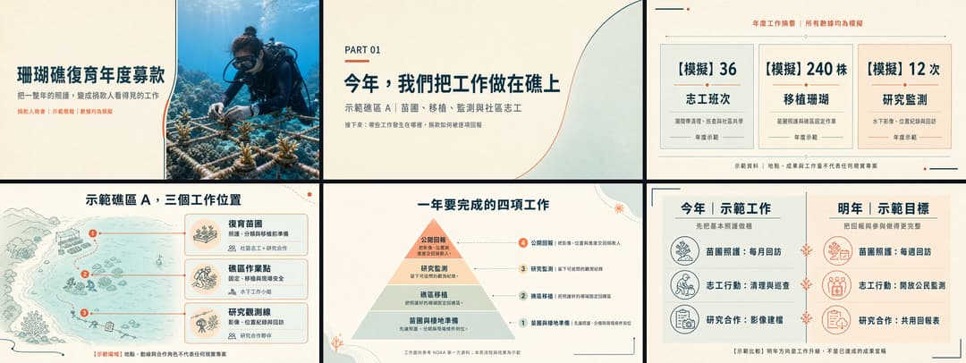 珊瑚礁復育年度募款簡報六頁總覽