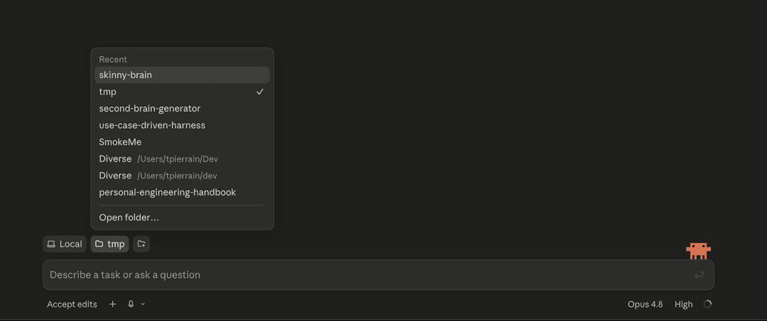 The Recent menu: click the brain's name so the ✓ moves to it