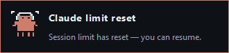 Clawdmeter-Windows limit-reset notification — "Claude limit reset: Session limit has reset, you can resume"