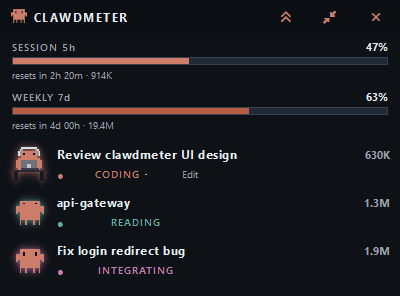 Clawdmeter-Windows compact view — usage bars above a one-row-per-session list with mascot, title, tokens and activity