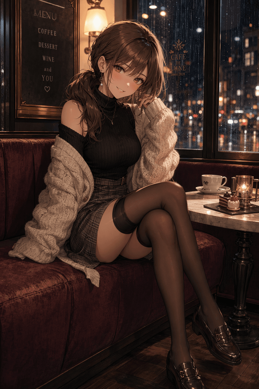 Elegant cafe anime fashion portrait