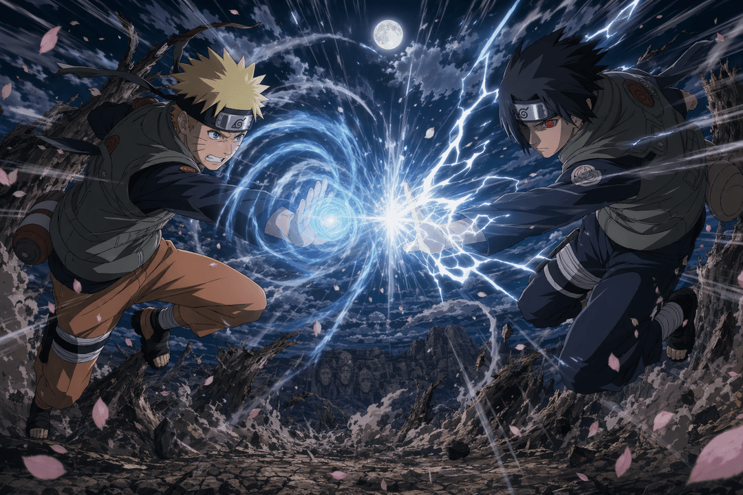 Shōnen battle key-visual (Naruto-Shippuden aesthetic)