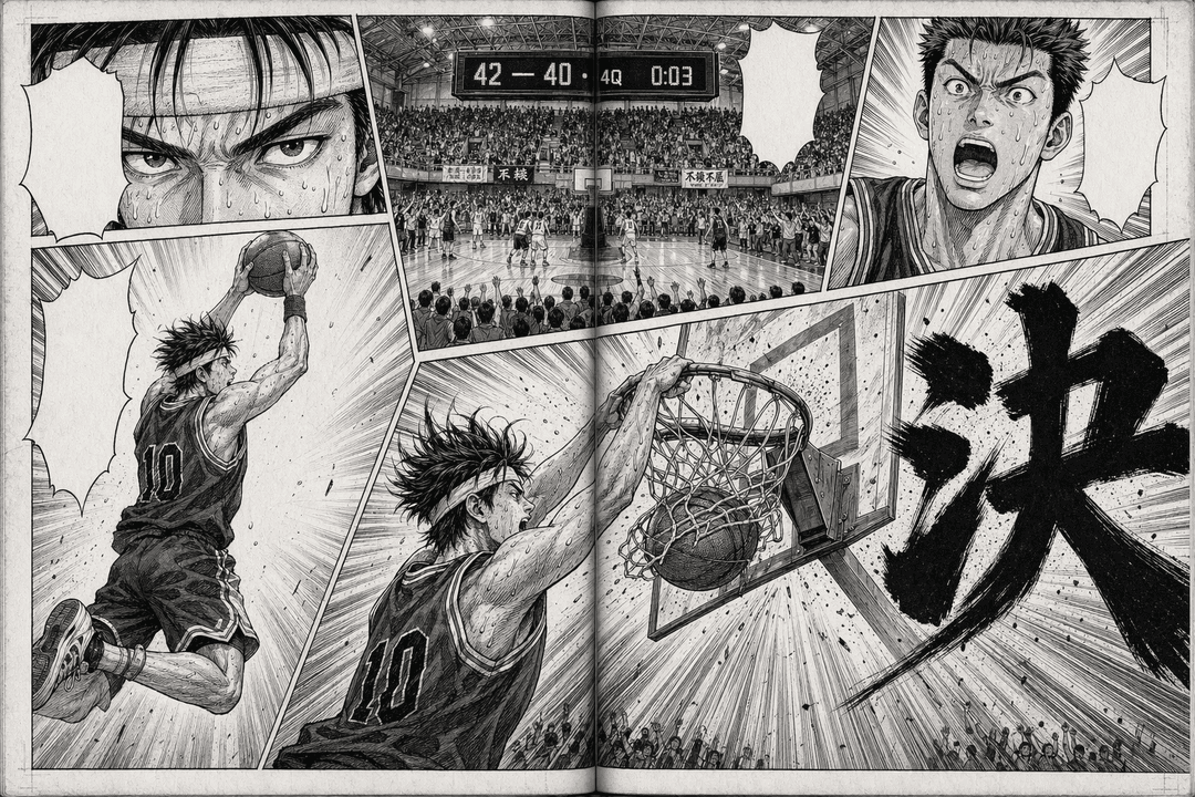 Shōnen manga two-page spread (basketball slam dunk)