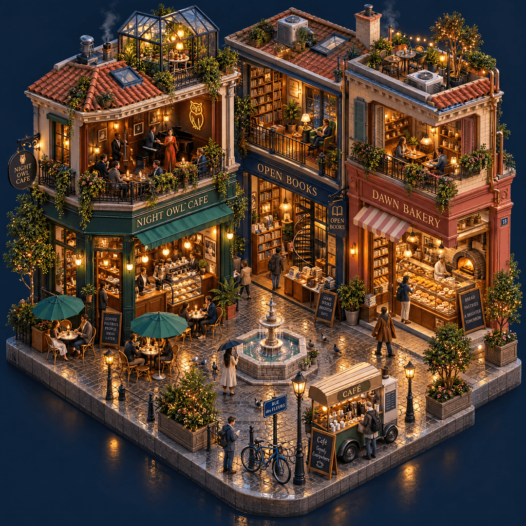 Sunburst isometric cafe district with illuminated cutaway interiors