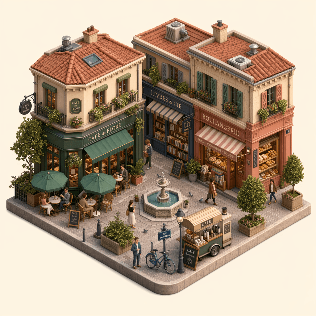 Original isometric cafe district used as the edit reference