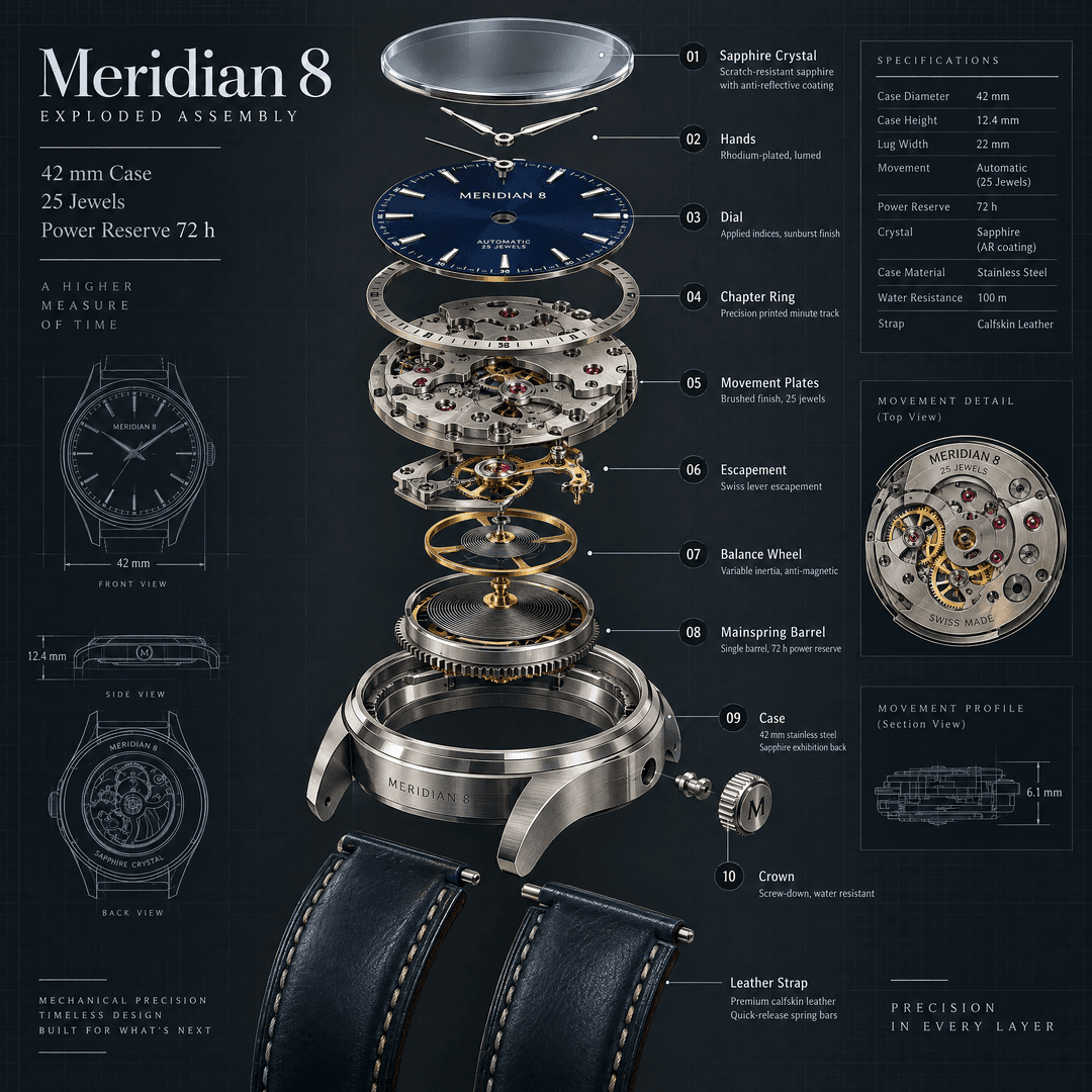Sunburst exploded mechanical watch with numbered component callouts