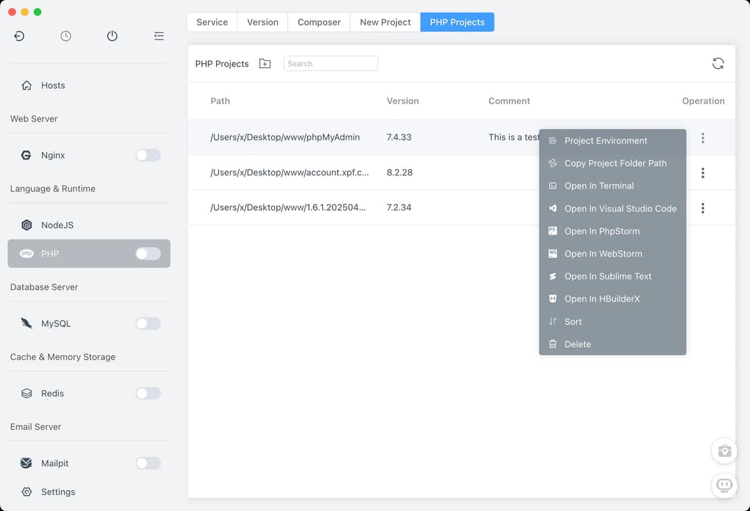 FlyEnv runtime version switching interface
